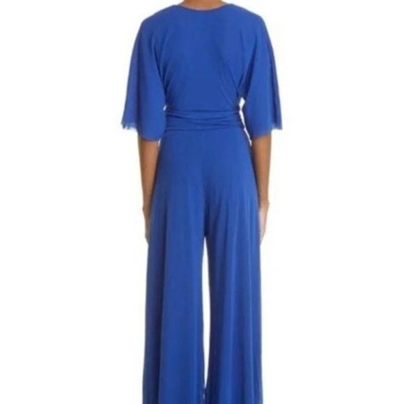FUZZI SURPLICE WIDE LEG MESH CANARIE BLUE JUMPSUIT sz S - Picture 4 of 5